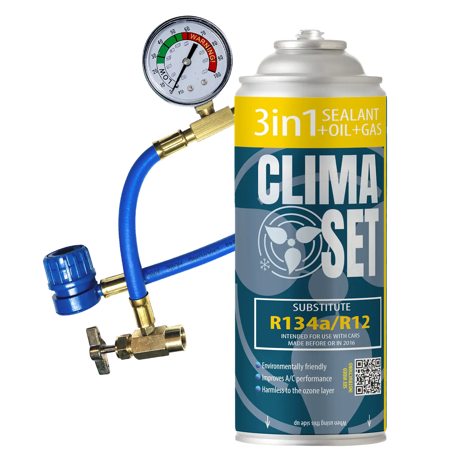 ClimaSet-400ml-170g-3w1-R134a-R12-Zestaw-do-klimatyzacji-samochodowej-z-przewodem Σκεύασμα 3 σε 1 από αέριο R134a, λάδι και στεγανωτικό με εύκαμπτο σωλήνα - Image 1