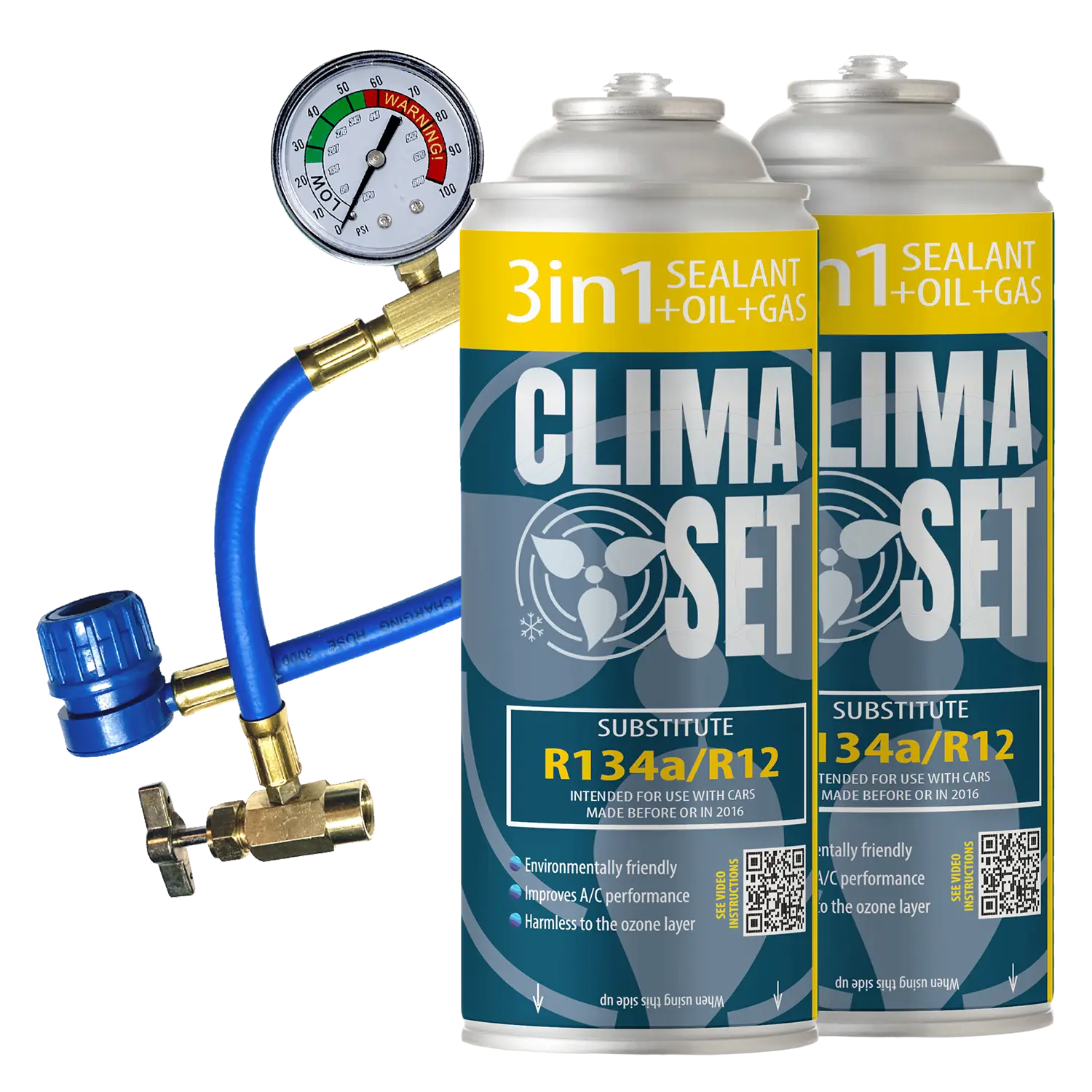 ClimaSet 3in1 Köldmedium R134a, olja, tätningsmedel x2, slang med tryckmätare - Bild 1