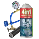 ClimaSet 4in1 gaz R134 a / R12 colorant UV, huile, réfrigérant, produit d'étanchéité, tuyau, chalumeau