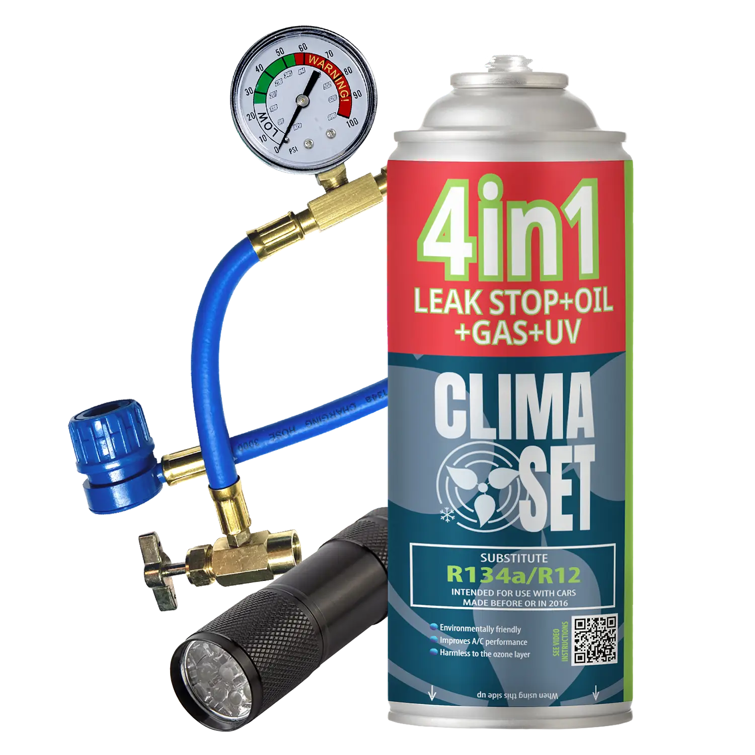ClimaSet 4in1 αέριο R134 a / R12 UV βαφή, λάδι, ψυκτικό, σφραγιστικό, καλώδιο, φακός - Image 1
