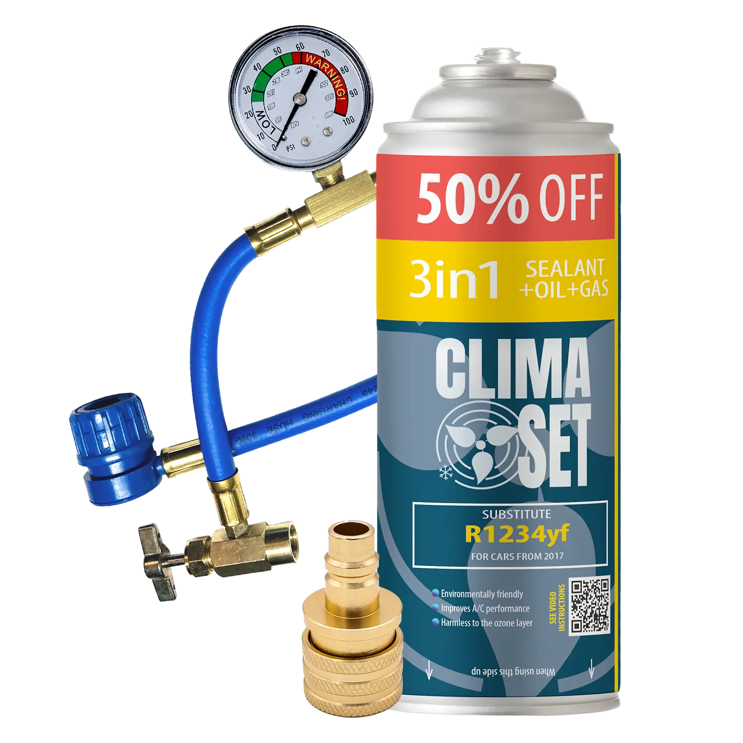 ClimaSet 3in1 XL (réfrigérant R1234yf, huile, produit d'étanchéité), tuyau, adaptateur R1234y – Image 1
