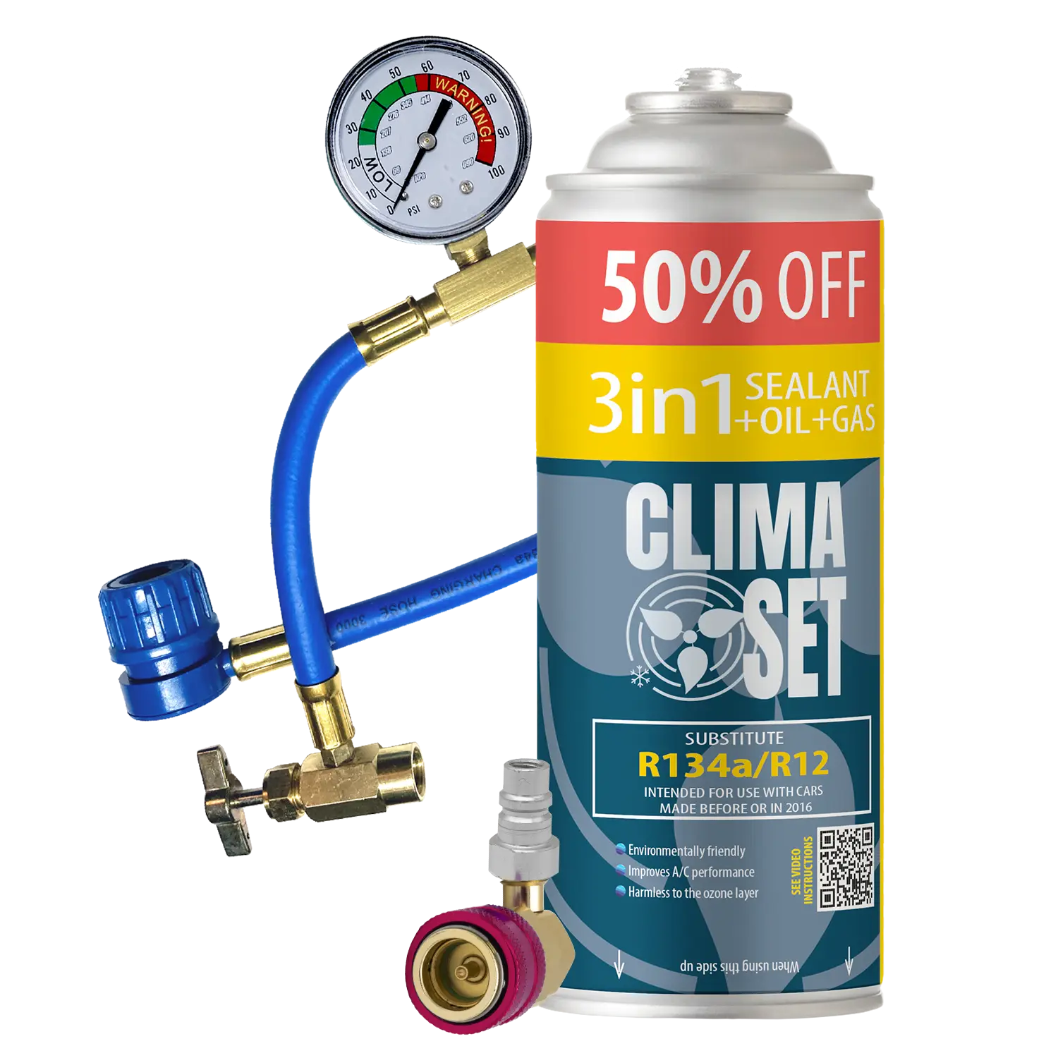 ClimaSet 3in1 Réfrigérant R134a /R12 huile, mastic 235 g, tuyau, adaptateur LP / HP – Image 1