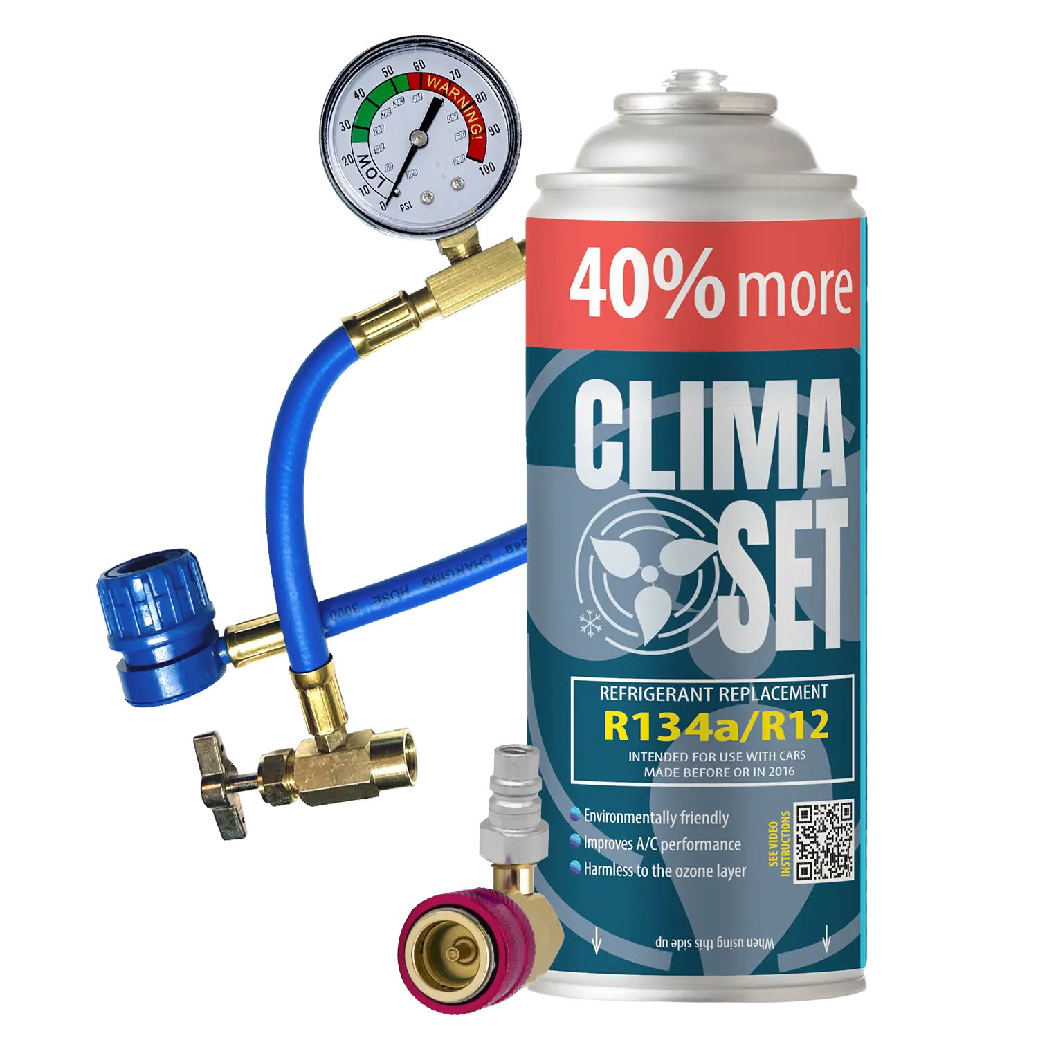 ClimaSet czynnik R134a / R12 235g, przewód, adapter HP / LP - obrazek 1